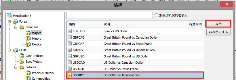 WebTraderでドル円の通貨ペアを表示させる