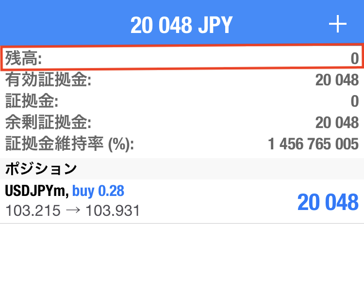 エクスネスの残高がゼロなのに含み益のある口座状況